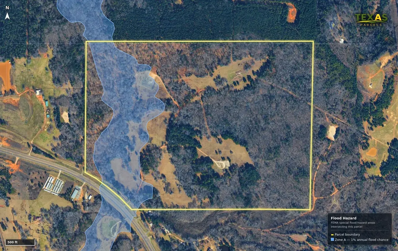 Floodplain shaded in blue alongside a mapped parcel boundary
