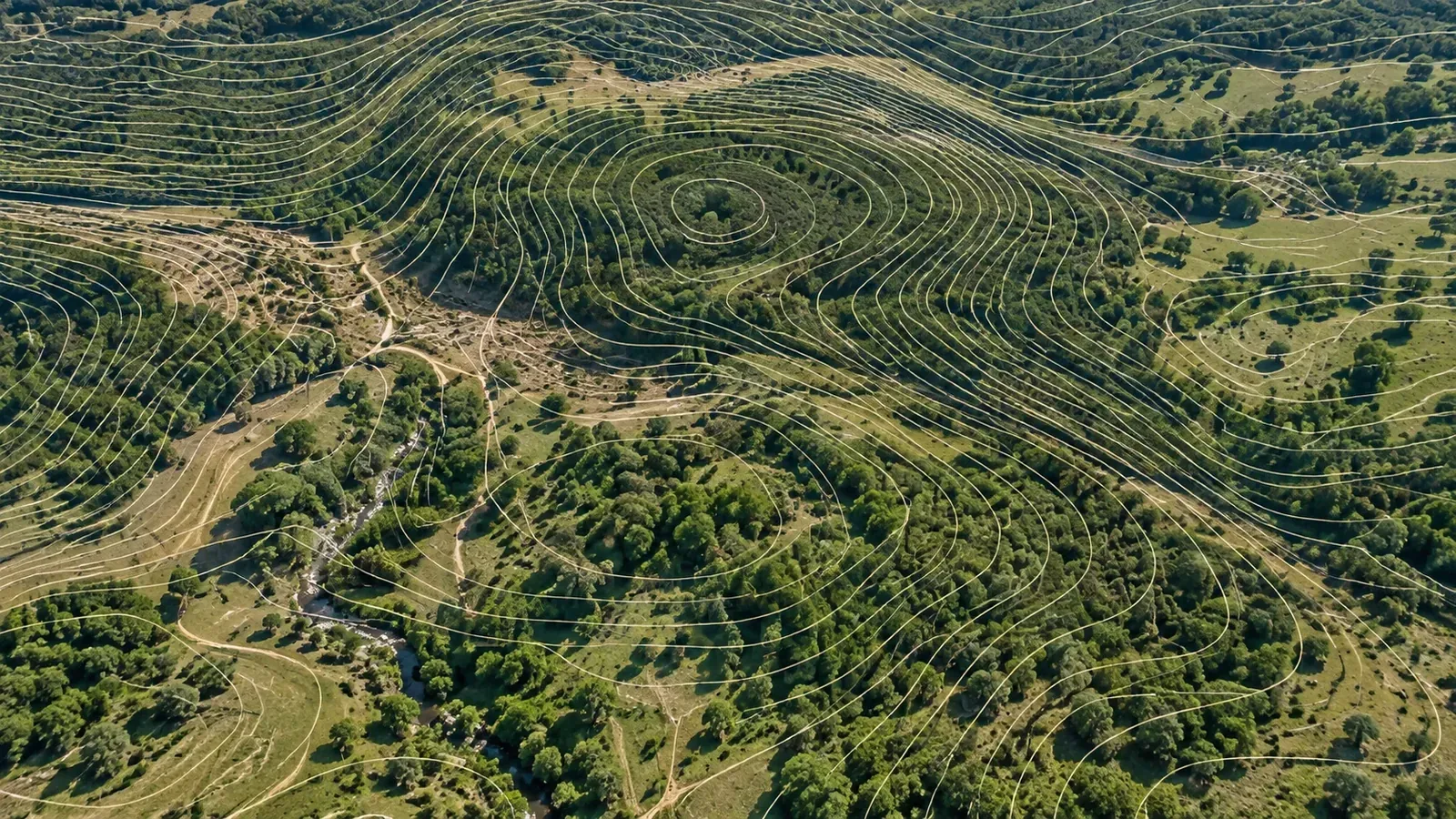 Elevation contour lines following the terrain of a tract