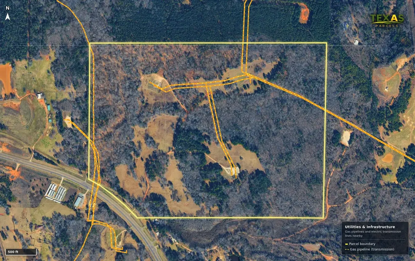 Infrastructure shown on a Texas land parcel map