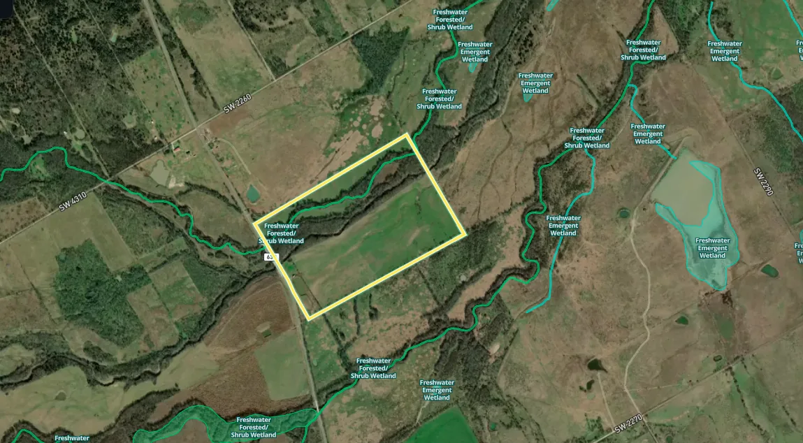 Wetlands shown on a Texas land parcel map